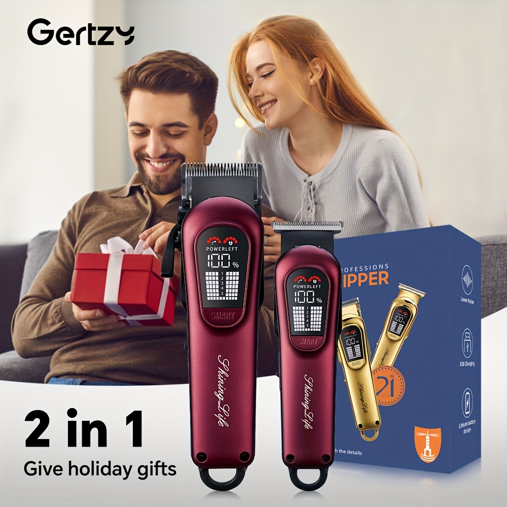 [Cadeau de fête idéal] 2 pièces Kit professionnel de coupe pour barbe et cheveux pour hommes - Tondeuse avec écran LED, kit de coupe de précision, rechargeable par USB, adapté aux familles, équipé de plusieurs peignes limiteurs, réglage 5 vitesses, kit de beauté pour hommes, cadeau de fête idéal