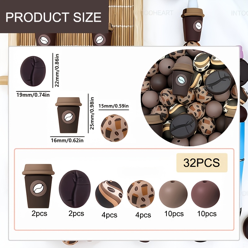 TEMU Ensemble de 32 perles en silicone sur le thème du café, perles artisanales faites à pour stylos à perles, bracelets, , ornements de sacs et