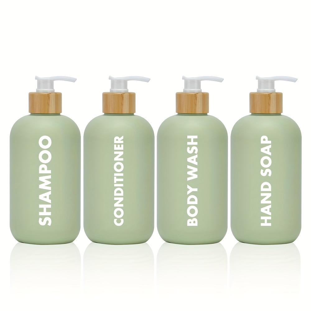 E-shop 4er-Set 500 ml (16,9 fl oz) grüne Samtflaschen mit Holzpumpen, Badezimmer-Aufbewahrungsflaschen, können mit Shampoo, Spülung, Duschgel,