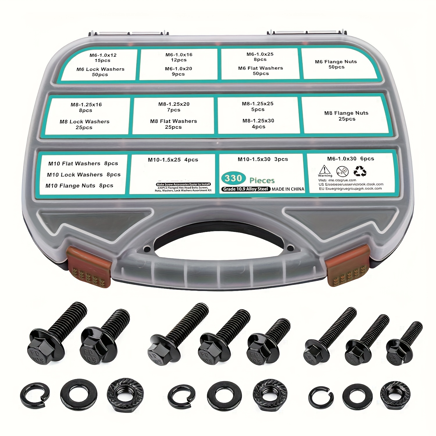 Image of 330pcs M6 M8 M10 Classification, Metric Flange Hex Washer Nut Kit, 10.9 Grade Golden, Full Coarse Thread, Black. Used For Automotive Heavy Objects