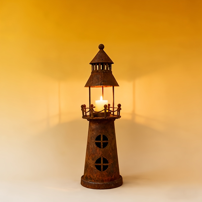 TEMU 1pc Vintage Natural Rust-colored Metal Holder, Candles Not Included, Rustic Lighthouse Lantern, Vintage Nautical Style Home Decor, Lighthouse
