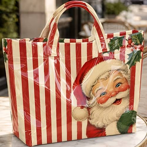 item picture 1pc vintage christmas tote bag suitable for shopping large capacity pvc handbag with santa claus holly print red white striped shoulder bag for daily weekend strap no closure