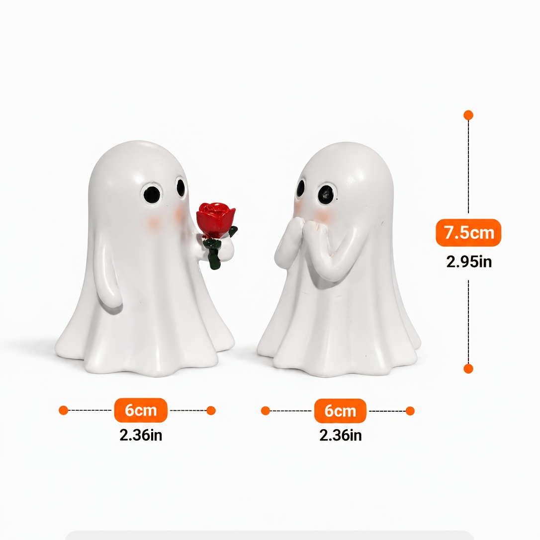 TEMU 2pcs Cute Couple Figurines With Rose - Kawaii White Resin Statue Suitable For Halloween, Christmas, Valentine' Decorations, / Desktop Shelf