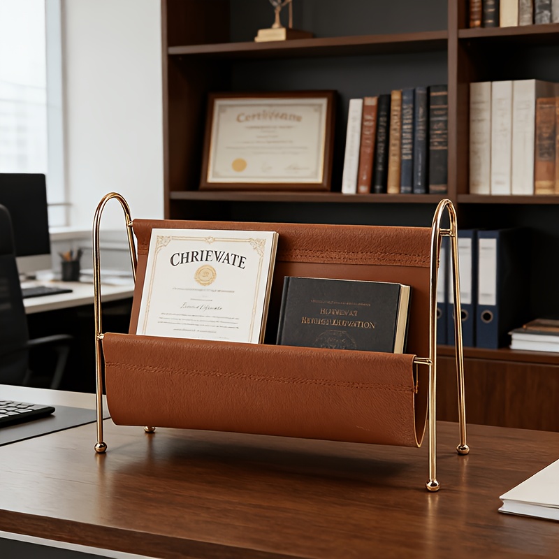 Nordic-style Magazine Rack in Metal and PU Leather with Clean Lines, Keeps Documents Organized or Use as a Bookshelf; Available in a Double-sided Style to Satisfy Your Different Placement Needs.