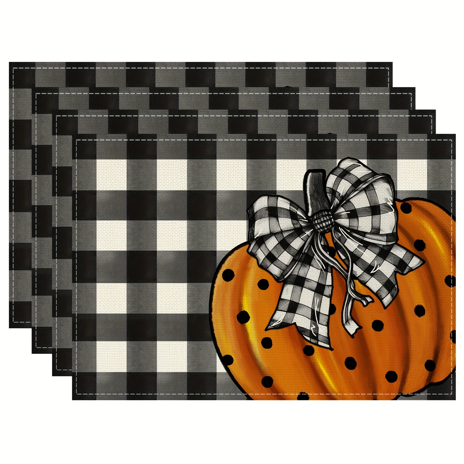 

4-piece Halloween Placemats - 12x18" Linen Blend With Hand-painted Bow & Pumpkin Design, Buffalo Plaid, Perfect For Fall Dining & Party Decor