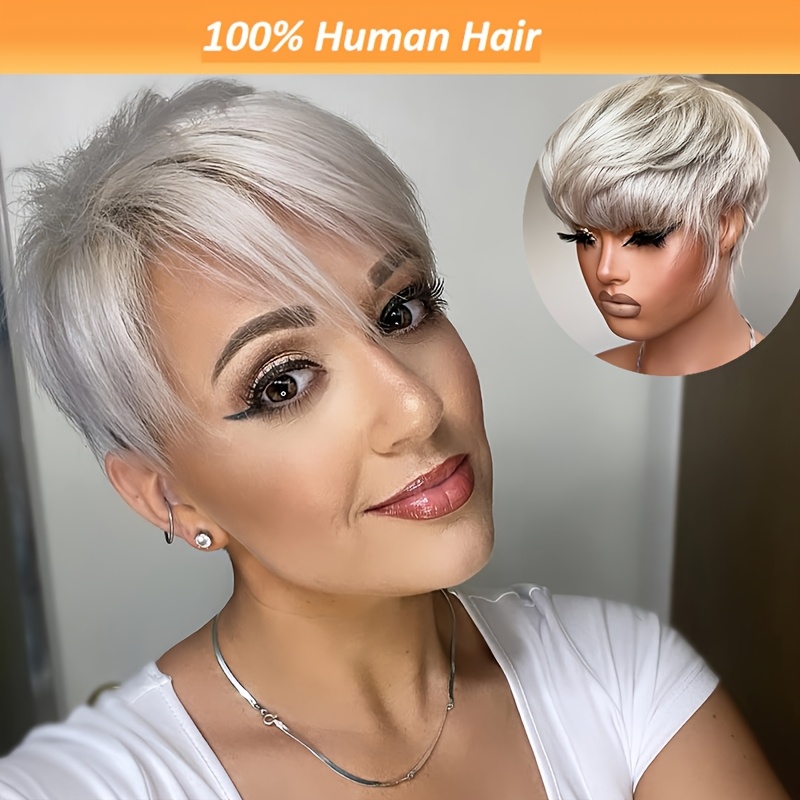 

Silvery Grey Human Hair Wigs 6-inch Brazilian Human Hair 150% Density Glueless Layered Short Cut Wig With Bangs Full Machine Made Wig For Christmas Party Cosplay Daily Use