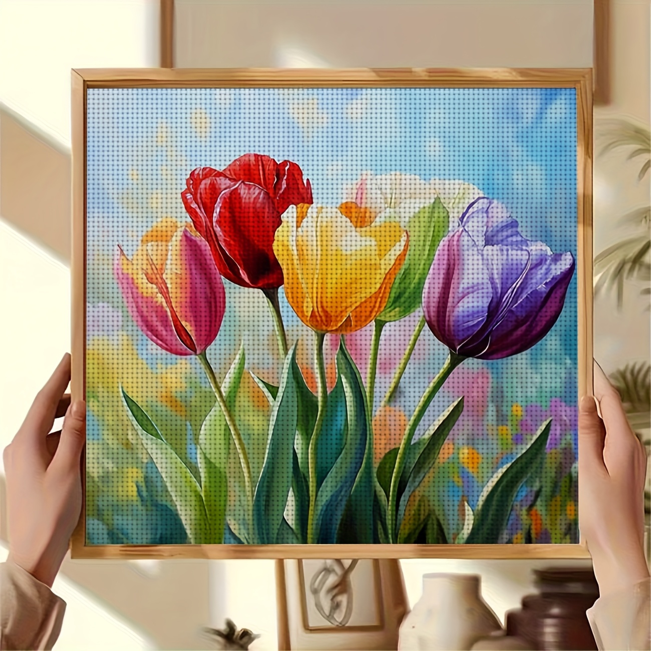 DIY Cross Stitch Print Kit, Frameless, Colorful Tulips Design