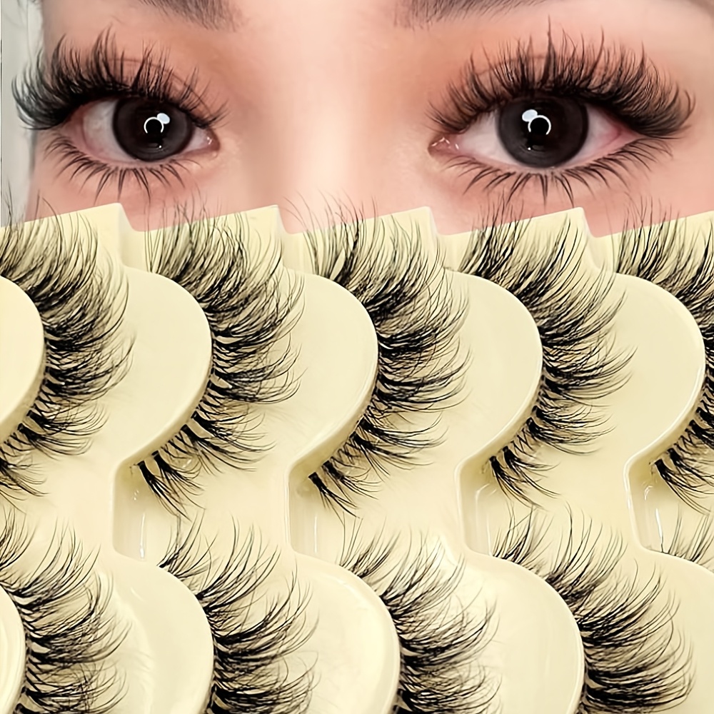 Image of Lashes False Wispy Eyelashes Volume Cat Eye Lash Strips Fake Mink Eyelash 5 Pairs Pack Natural Look Fluffy Full Strip Lashes Clear Band Easy Eyelashes For Beginners