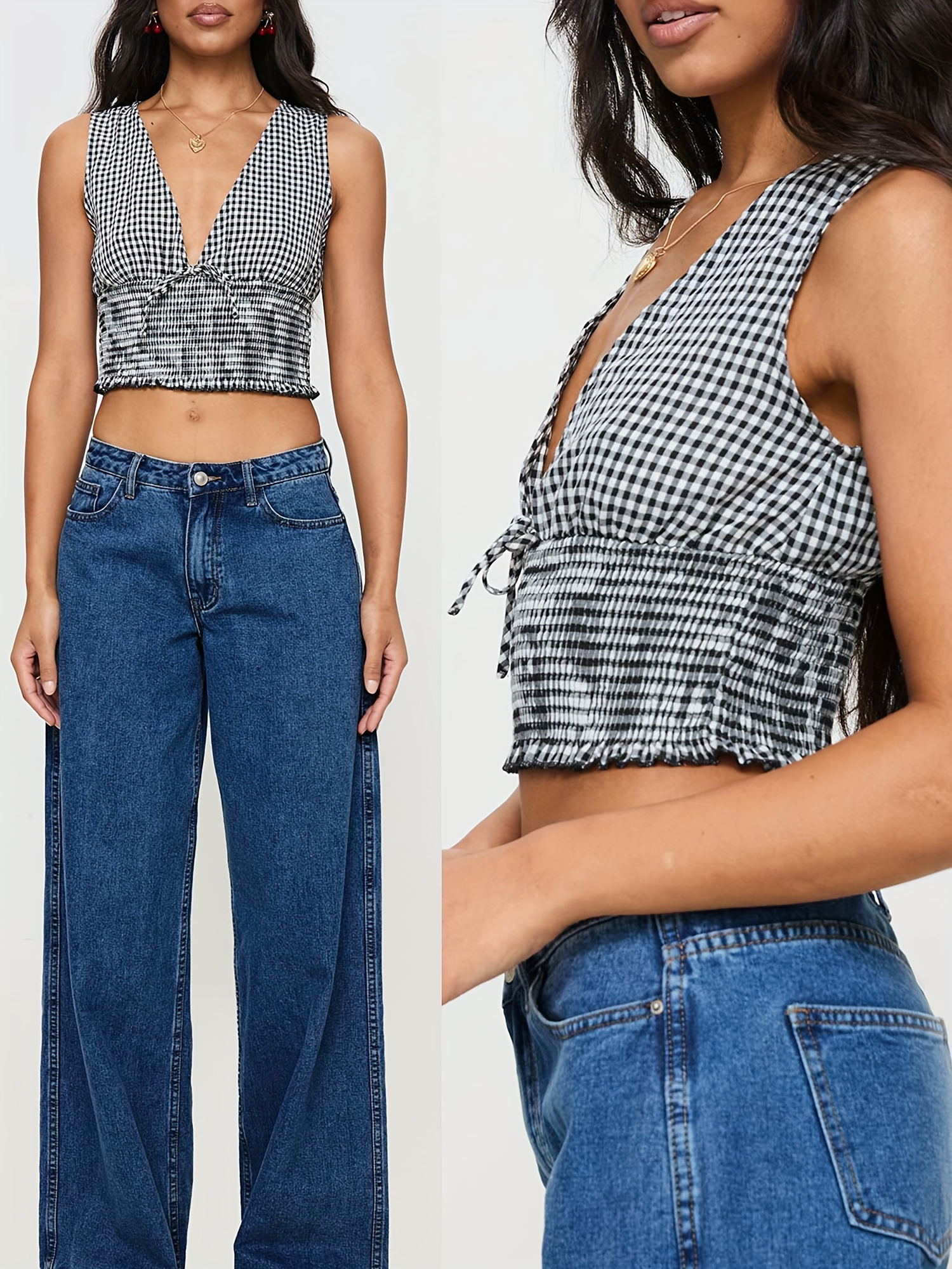 キャミソール Peplum Check Vest Top y2k women's gingham check sleeveless camisole shirred crew