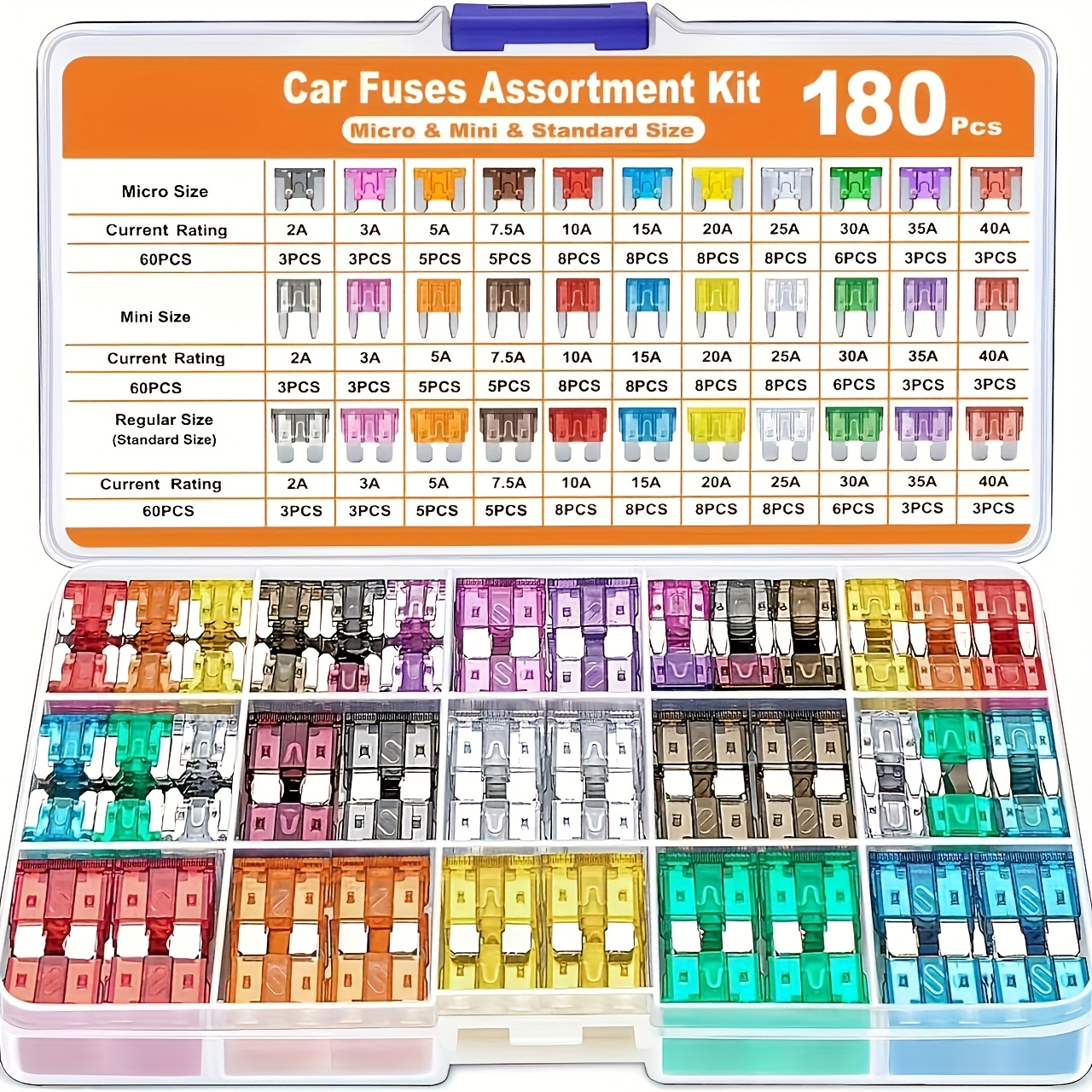 TEMU 180pcs Car Fuse Set, 60 Mini Blade Fuses, 60 Standard Car Fuses, 60 Fuses, 1 Fuse Puller, For Car, Motorhome, Lorry, Motorcycle