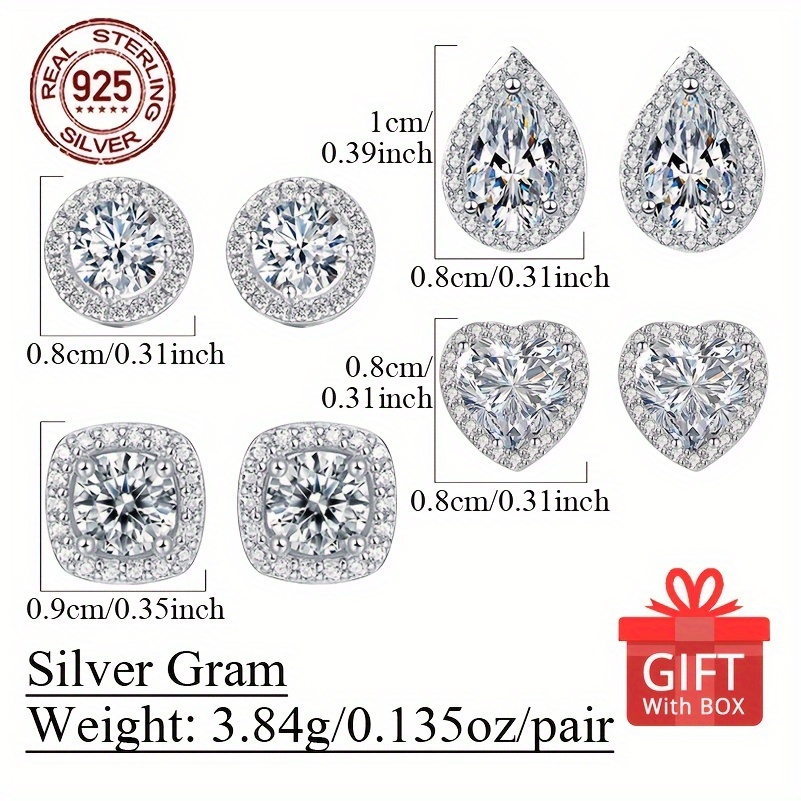 1 pair   shaped synthetic zirconia stud earrings 925 sterling silver plated hypoallergenic simple round design gift box included   valentines day birthdays christmas and   details 0