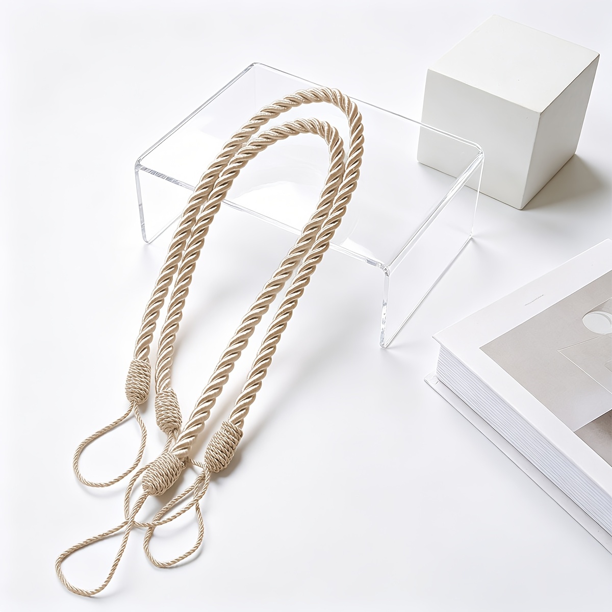 TEMU 2pcs Curtain Tiebacks Suitable For Bedroom, Living Room & - Punch-free Twisted Rope Holdbacks, No Drill Installation, Binding Straps For Blinds,