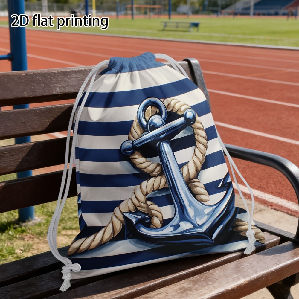 TEMU 2d Flat Printing Drawstring Backpack With Nautical Anchor And - Spacious Gym Bag With Adjustable Straps, Perfect For Sports, Beach, And Outdoor