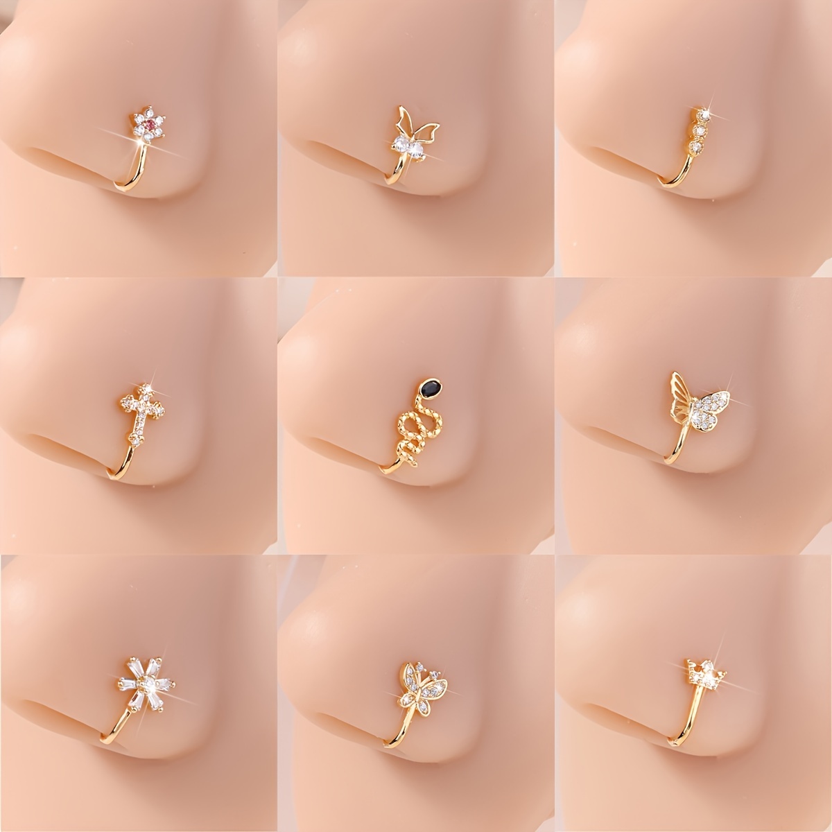 

9pcs Elegant & Cute Nose Rings Hoop Set For Women, Synthetic Zirconia Non-piercing Nose Cuff, Copper Tragus Ring, Daily & Gift Jewelry