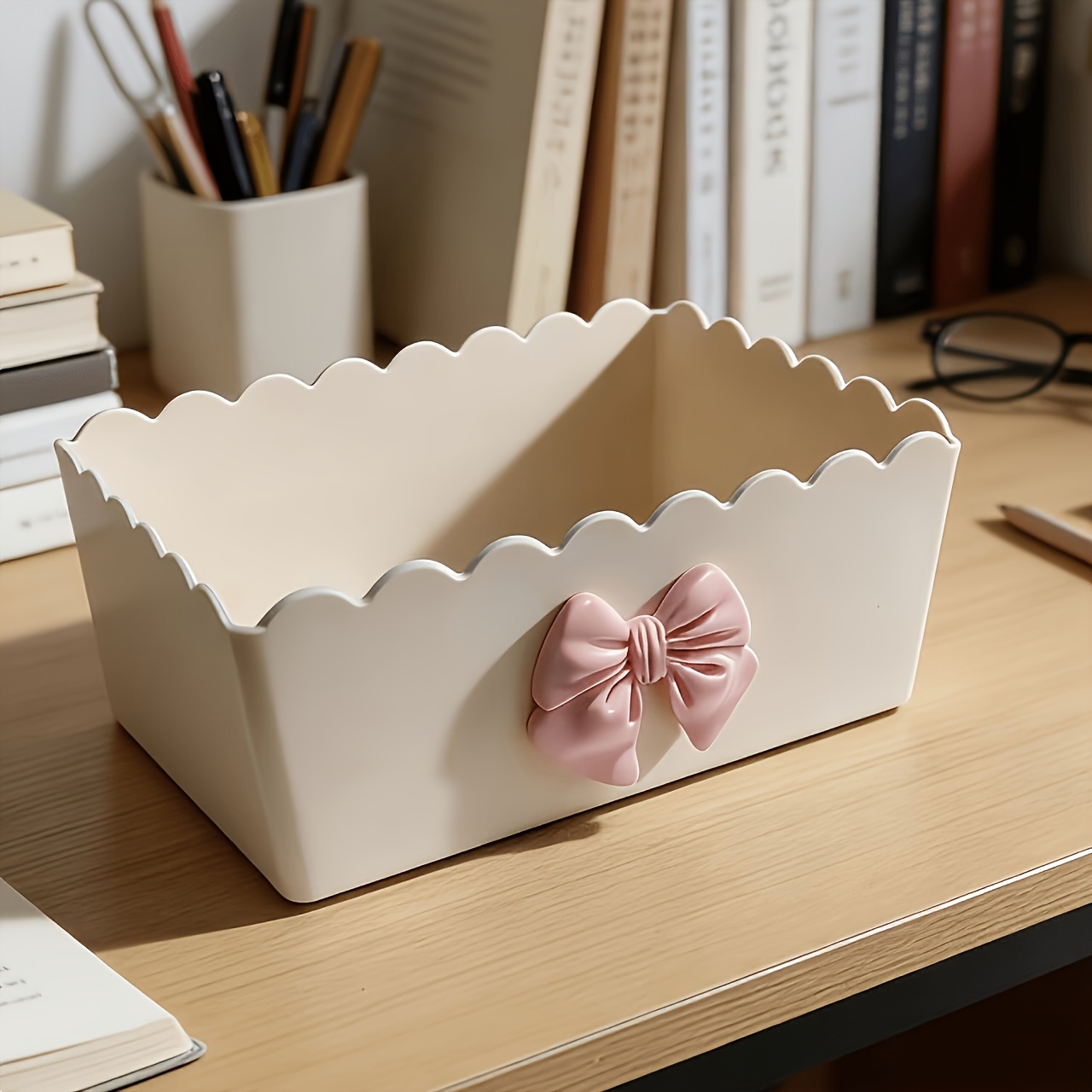 TEMU Boîte de rangement pour papeterie style crème, boîte de rangement à nœud, organisateur de papeterie de bureau, panier de rangement pour articles