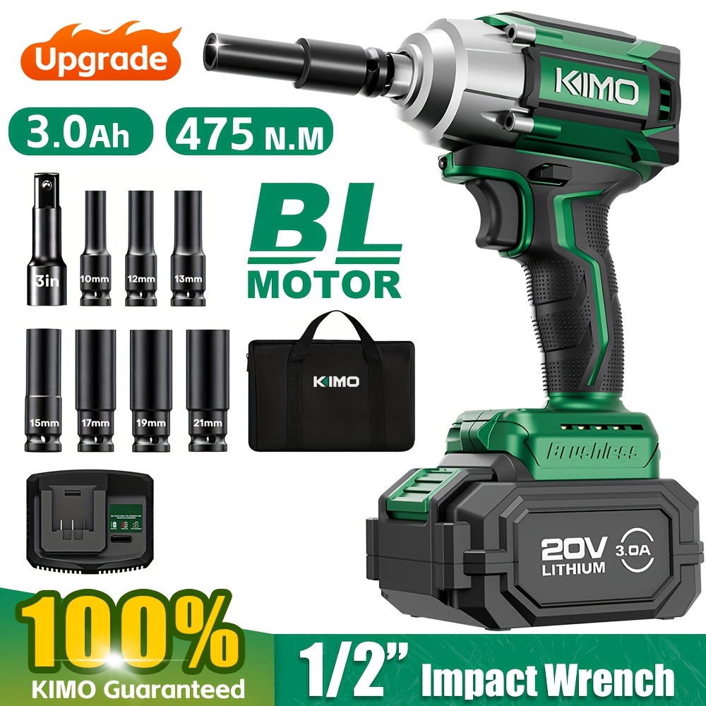 

Kimo Cordless Impact Wrench, 3000 Rpm & 350 Ft-lbs (475n.m), 1/2 Impact , Impact Sockets, 3 Inch Extension Bar, 1 Hour Fast Charger, 1/2 Impact Driver