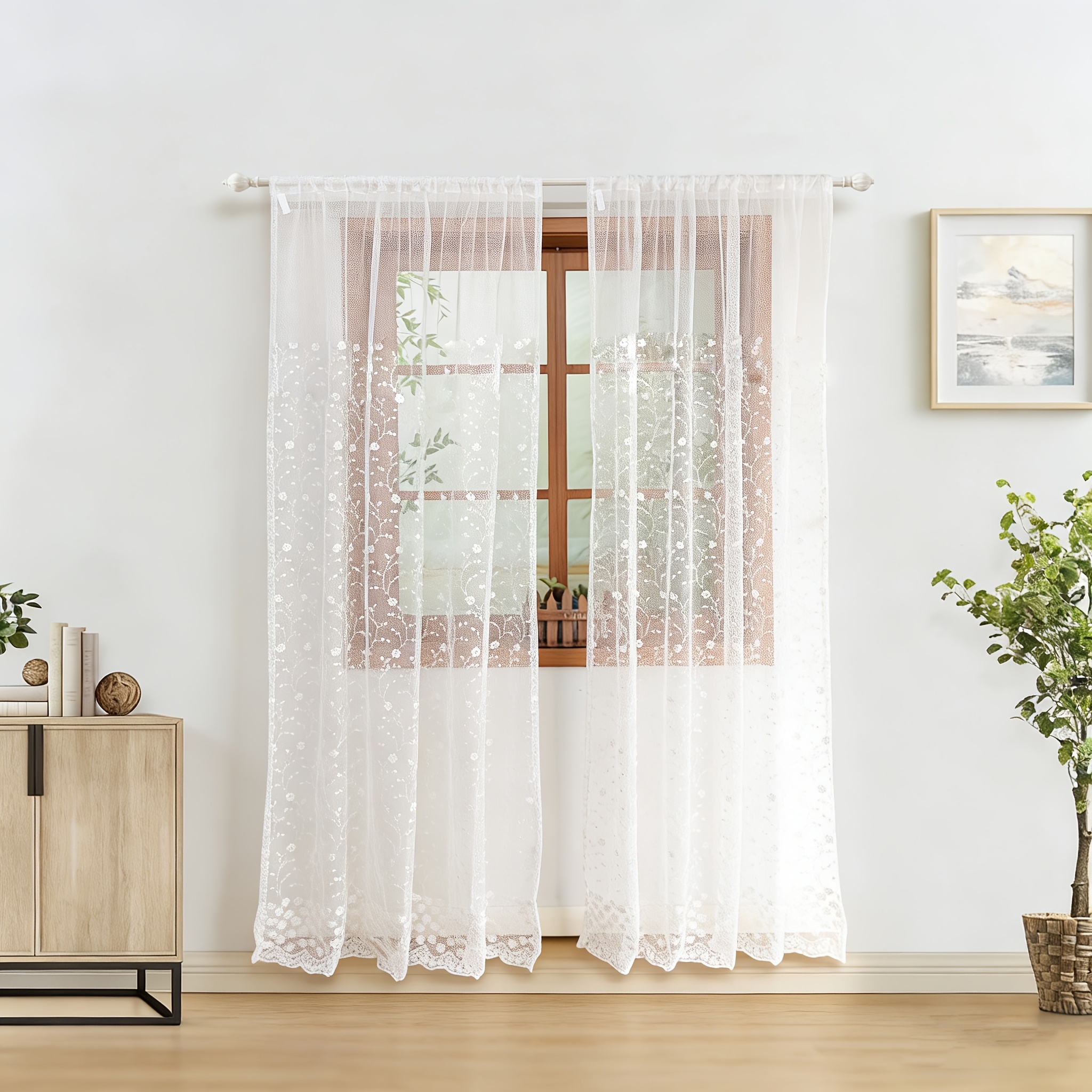 Image of 2pcs Pastoral Floral Embroidery Shher Curtain With Bottom Lace - Rod Pocket Top Drapes For Bedroom, Living Room, Balcony, Home Decor