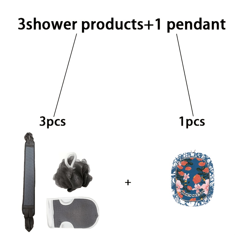 TEMU 4pcs Set: 3 Shower Products + 1 Pendant. Includes A Bath Set, Back Scrub Belt, Bath Ball, And Scrub Gloves. Provides Exfoliation, Rich Foam, And