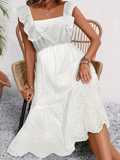 womens elegant square neck sleeveless a line dress with hem elastic waist machine washable solid color versatile casual to formal wear seasonal fashion intricate lace texture evening wear nonstretch fabric