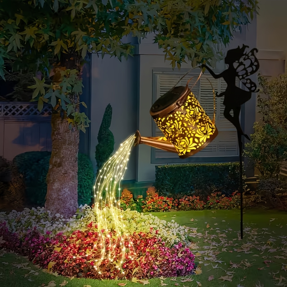 Outdoor Solar Watering Can Light – Hanging Metal Kettle Lantern With LED Shower String Lights For Garden, Patio & Pathway