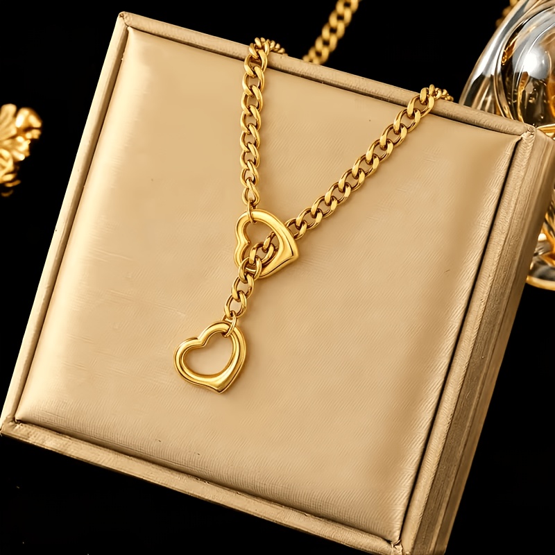 TEMU Collier chaîne à maillons cubains 1 pièce, extra-long avec double cœur, 8 mm de large, chaîne épaisse en acier inoxydable pour clavicule,