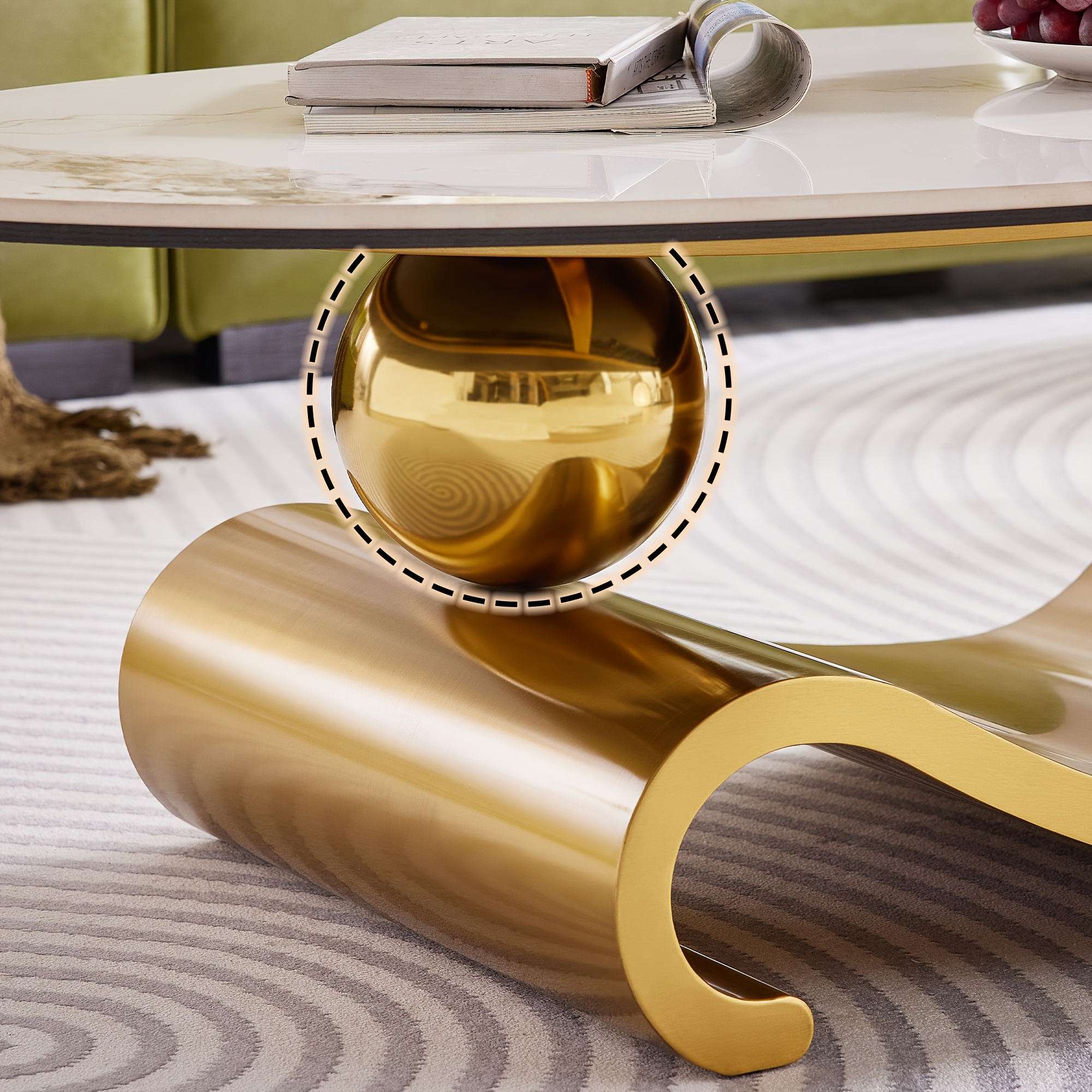 Modern Die-Cast Stone Coffee Table with Stainless Steel Base, an Elegant And Durable Centerpiece for Living Rooms. Easy to Assemble And Clean. Curved Design for Knock Prevention, Suitable for Living Rooms And Offices.