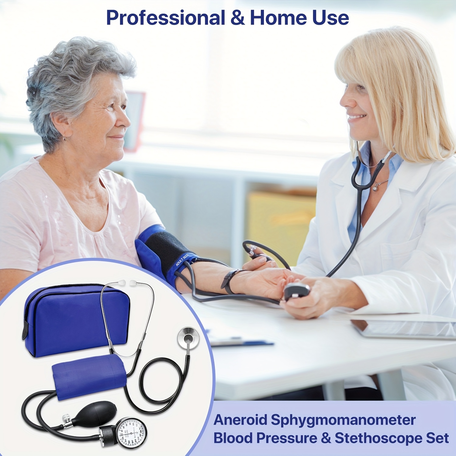 Aneroid Sphygmomanometer Blood Pressure Monitor And Stethoscope Set - BP  Kit for Adults, Single Tube Upper Arm Cuff Device * Free Portable Case And  Calibration Key, Blue