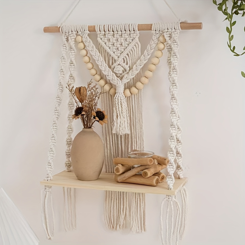 TEMU 1pc Bohemian Hand-woven Wall Shelf - Hanging Display Rack With Suitable For Hanging Flower Pots, Plants, Books, Decor - Rustic Storage Shelf For