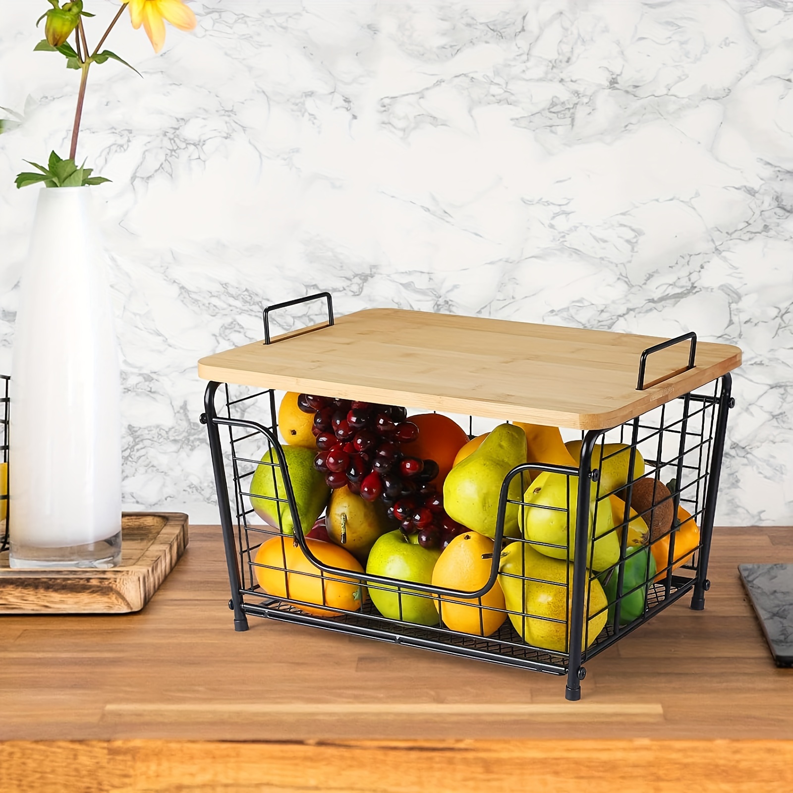 

Countertop Basket With Removable Bamboo Lid, Bread Vegetable Fruit Organizer Bin For Kitchen, Metal Wire Basket For Pantry Cabinet