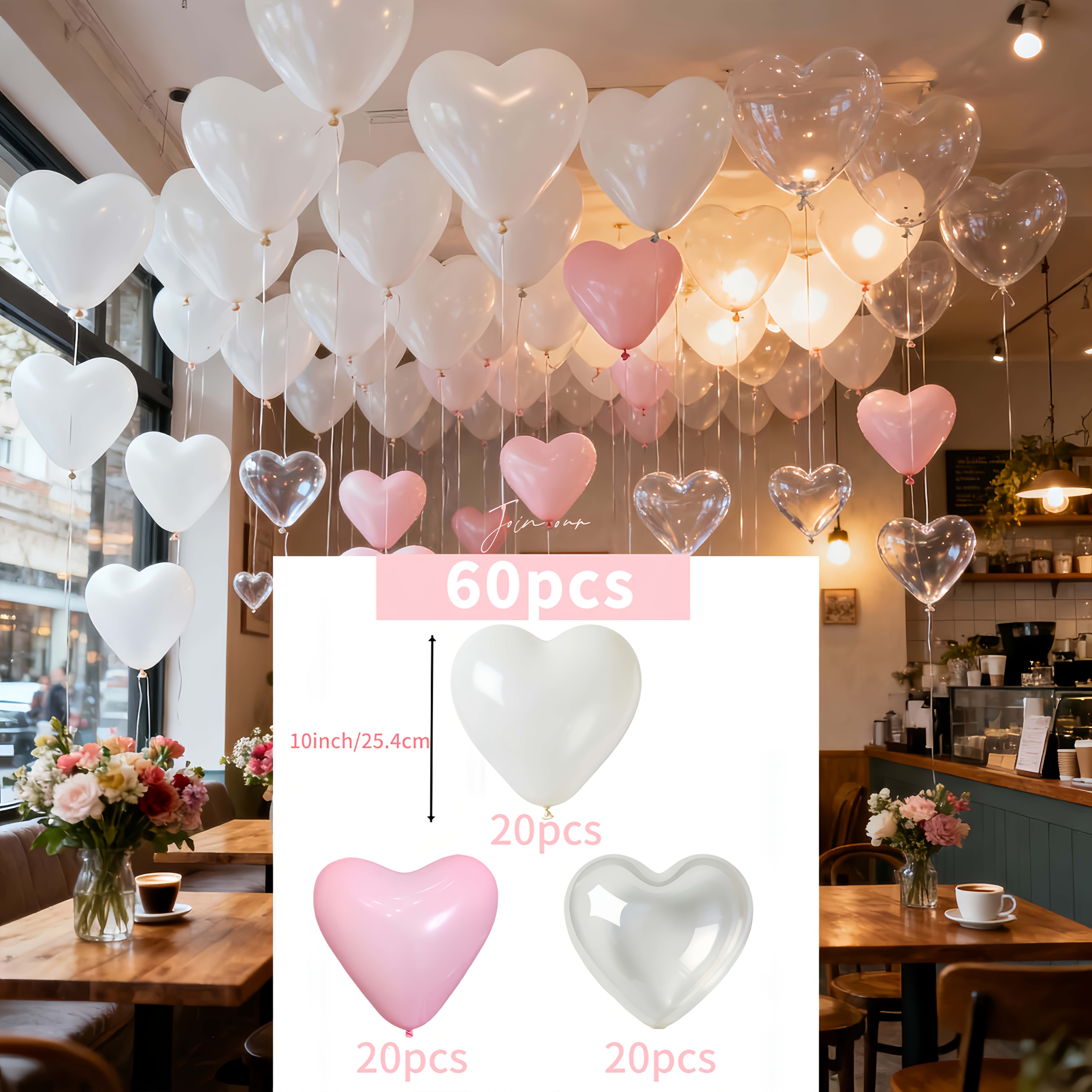 TEMU 60pcs White, Pink, And Transparent Heart-shaped Latex Balloon Set, Suitable For Valentine's Day, Weddings, Girls' Birthdays, Engagement