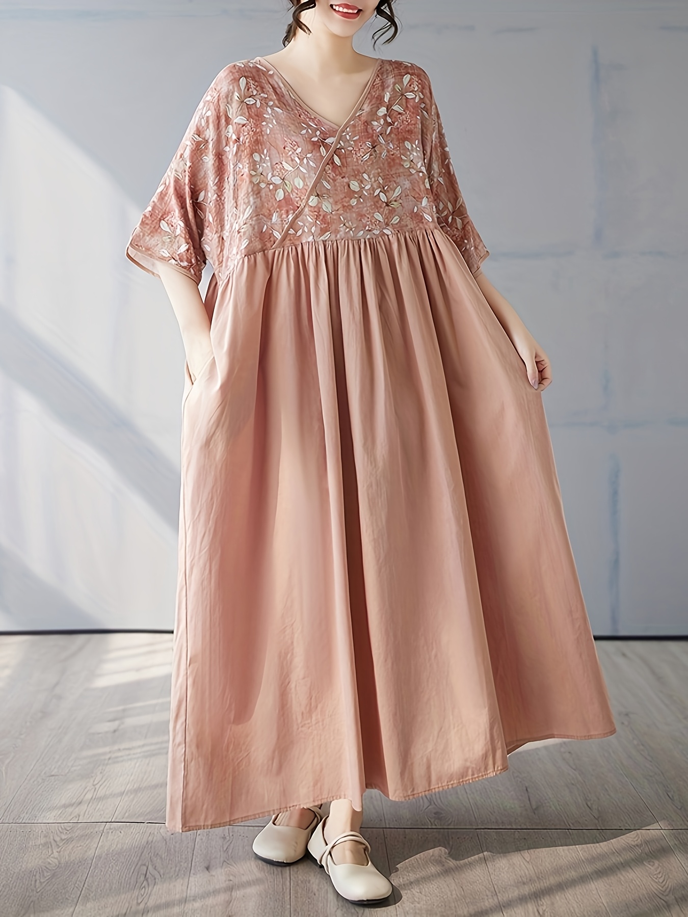 white christmas dresses Plus Size Cotton Floral Midi Dress for Women main image 1