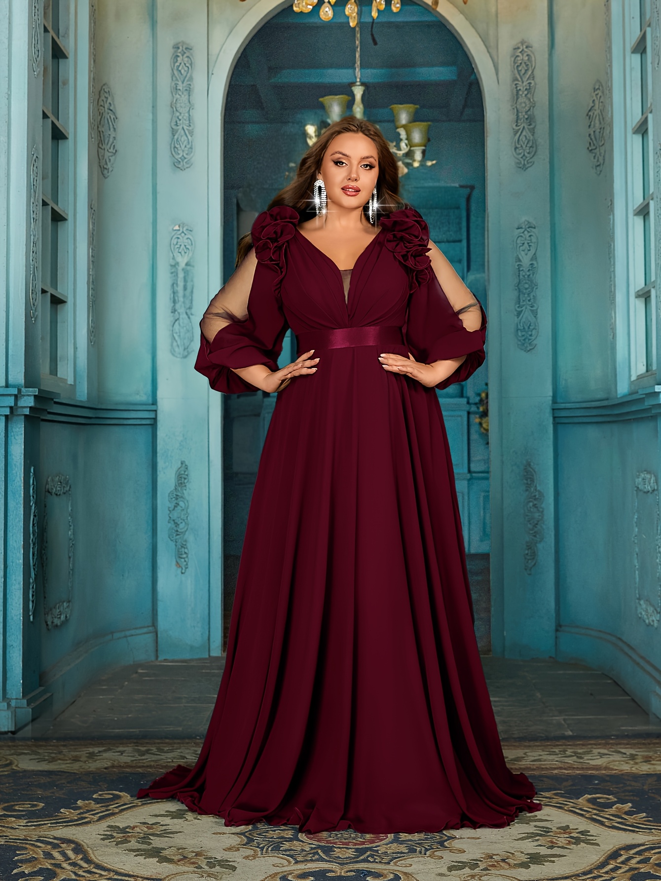Qoq Dark Green Plus Size Formal Maxi Dress Gowns Mother of Bride Prom Evening Chiffon V-Neck Split Sleeve High Waist A-Line Flared Elegant R,1XL