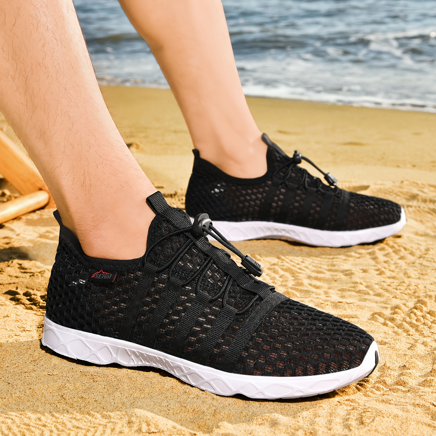 TEMU Men's Mesh Water Shoes, Hollow-out Drawstring Quick- Shoes, Outdoor Beach Wading Shoes, Men's Sneakers
