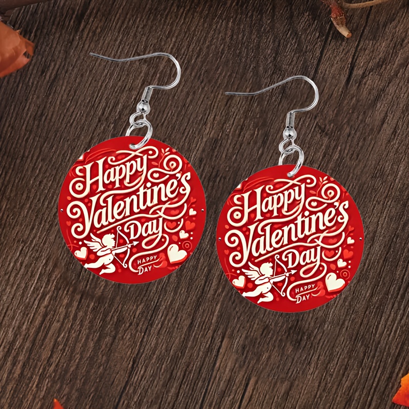 

A Pair Of Acrylic 2d Valentine's Day Theme Pendant Earrings, Fashionable Red Disc-shaped Letters Printed Love Earrings, Romantic Travel Date Gift, Couple Gift, Valentine's Day Gift