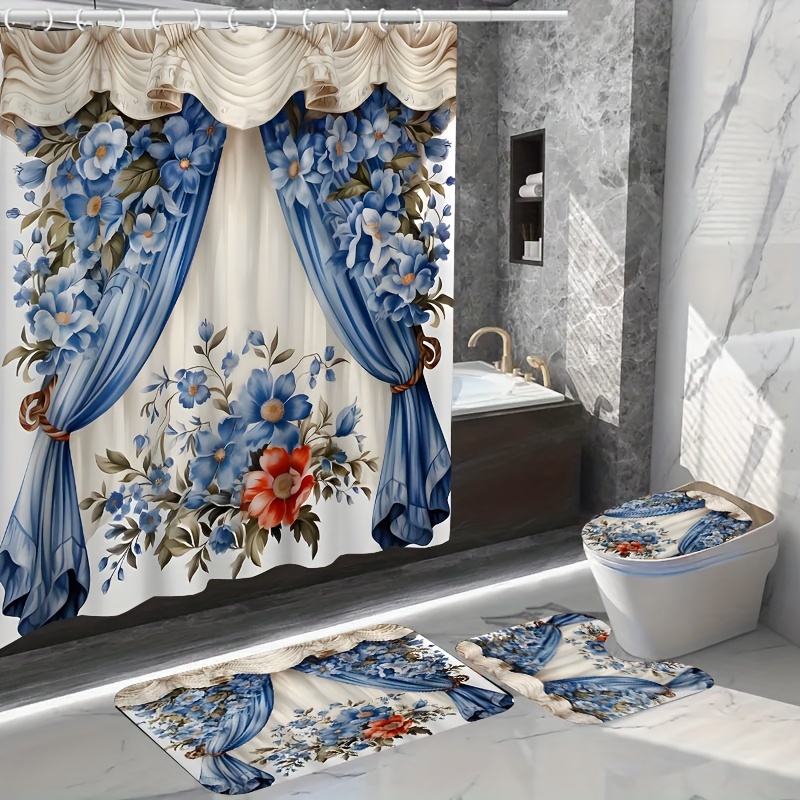 

1/4pcs Waterproof Bathroom Shower Curtain Set With 12 Hooks, Toilet Seat Bath Mats And Rugs Non-slip Carpet Toilet Covers Polyester Fabric Washable Curtain For Windows Bathroom Accessories