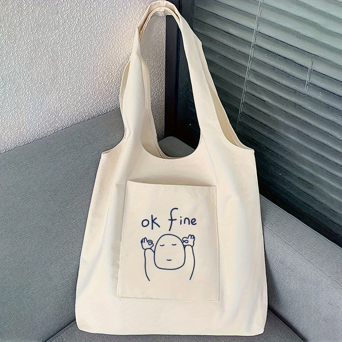 Image of 1pc Beige Fashionable Minimalist Cartoon Line Drawing Pattern Printed Tote Bag For Women, Large Capacity Shopping Bag For Outing, Essential Stationery Storage Canvas Gift Bag For Students, Unisex