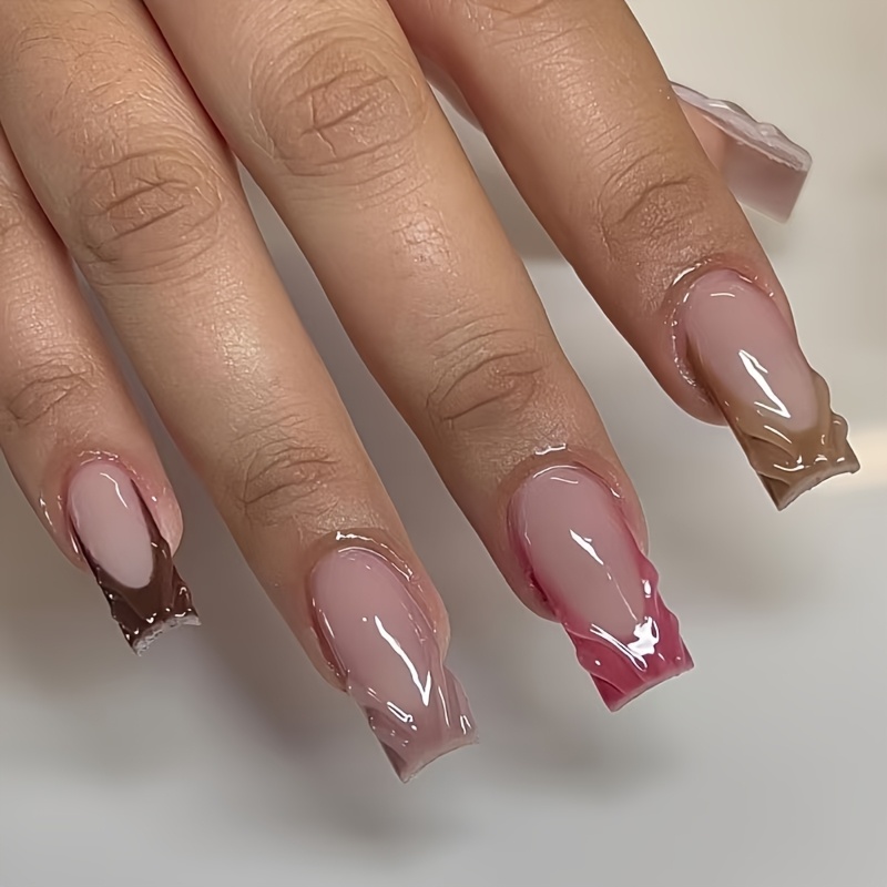 TEMU A Set Of 24pcs, Chinese Square-shaped False Nails, Featuring A Fashionable, Simple, Gentle, Elegant, And Sophisticated Spiral Design. Suitable