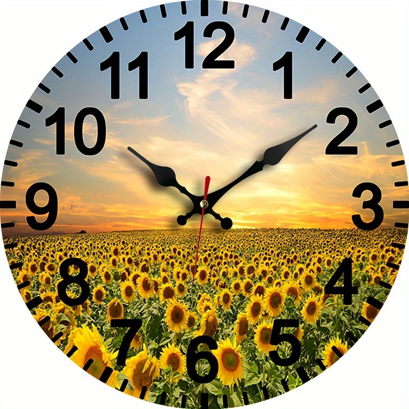 TEMU 1pc Silent Wood Wall Clock With Sunflower Field Design, Round Wooden Quartz Clock For Bedroom, Living Room, Office, Kitchen & Bathroom Decor, Aa