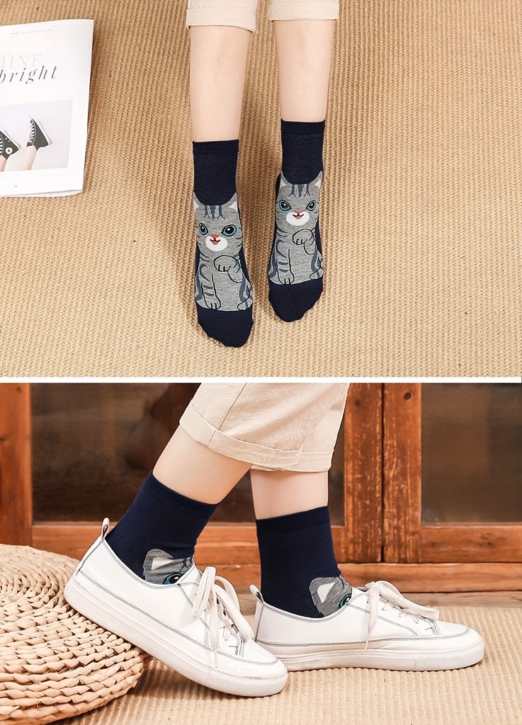 5 or 10 Pairs Girls' Cute Anime Cat socks - Ankle-Length with Multi-Cat Designs (Black, Tabby, White) - Soft Polyester Everyday Winter & Fall Socks for Teen Girls - Machine Washable - Perfect Gift for Cat Lovers, Teenage Footwear, Playful Sock Designs, Knitted Texture, for Teenager