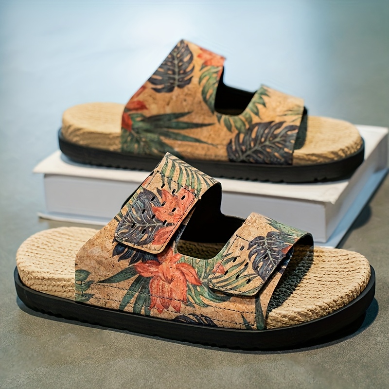 mens slip on sandals tropical floral     dry pu upper cushioned eva insole non slip pvc sole for pool vacation casual outdoors slip resistant footwear brown   blue   white lightweight summer footwear for men poolside footwear stylish   durable trivet   slides trendy slides breathable slides   Product details 7