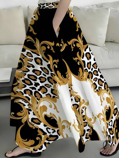 a womens skirt featuring pockets with a leopard pattern and golden baroque swirls suitable for the beach parties casual summer events stylish designs versatile styles and festive occasions