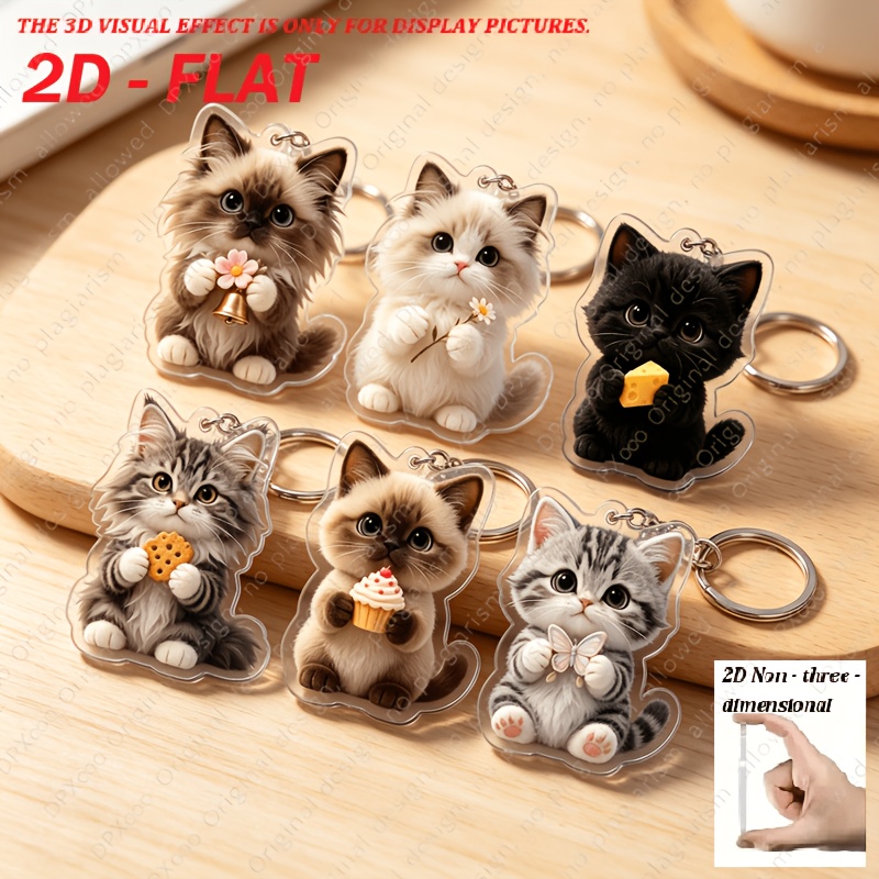 TEMU Plat 2D, Lot de 6 porte-clés créatifs 2D PLATS à motif de chat de dessin , en acrylique plat, adaptés aux sacs à dos, voitures et accessoires de