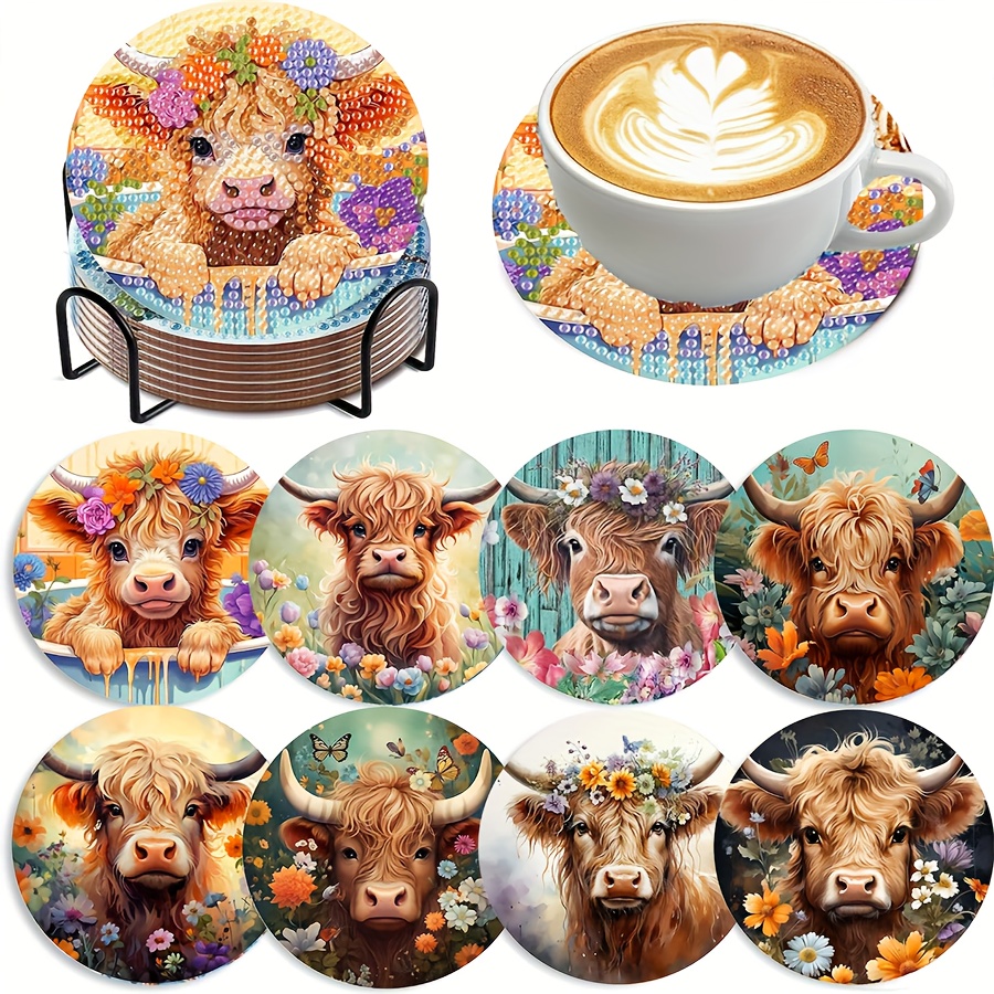 TEMU Ensemble de 8 pièces - Kit de peinture diamant avec support, Ensemble de sous-verres Veau floral, Ensemble de sous-verres en bois à faire