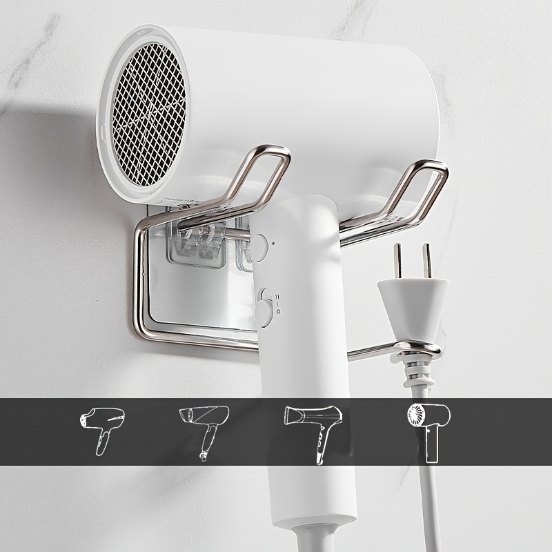 TEMU Support Sèche-Cheveux en Acier Inoxydable, Pas de Perçage , Étagère de Rangement pour Salle de Bain, Support Mural de Place, argenté, Convient