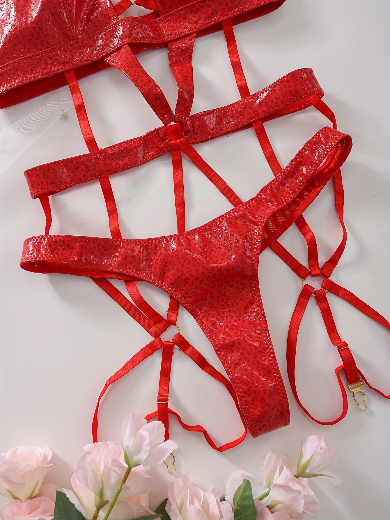 Red Leather Lingerie for Women Sexy Halter Criss Cross Bra High