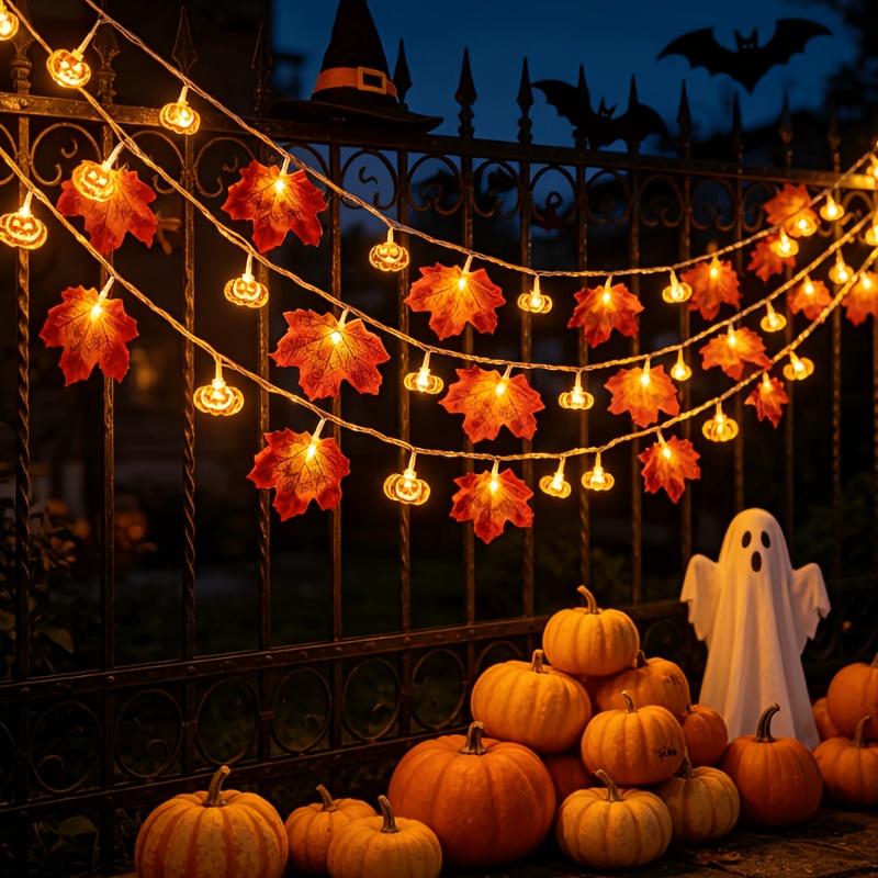 TEMU 1pc 59-inch/118-inch Maple Leaf And Pumpkin Shaped Led String Lights, Suitable For Indoor/outdoor Halloween, Thanksgiving, Fall Decor And Yard