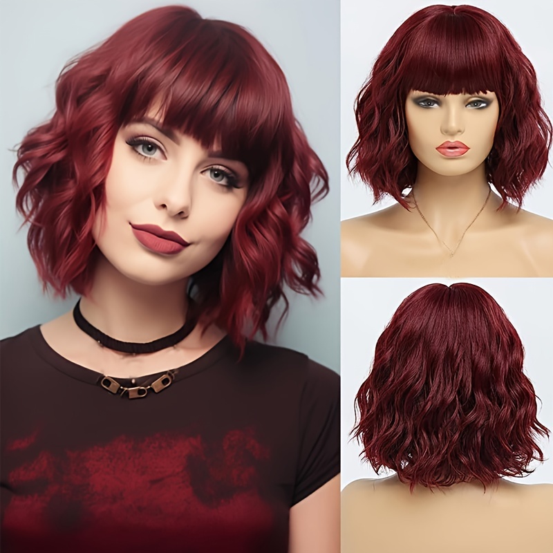 

Elegant 12" Red Curly Bob Wig With Bangs - Heat Resistant Synthetic Fiber, Breathable Cap, Adjustable Straps, Natural Hairline - Halloween, Cosplay &