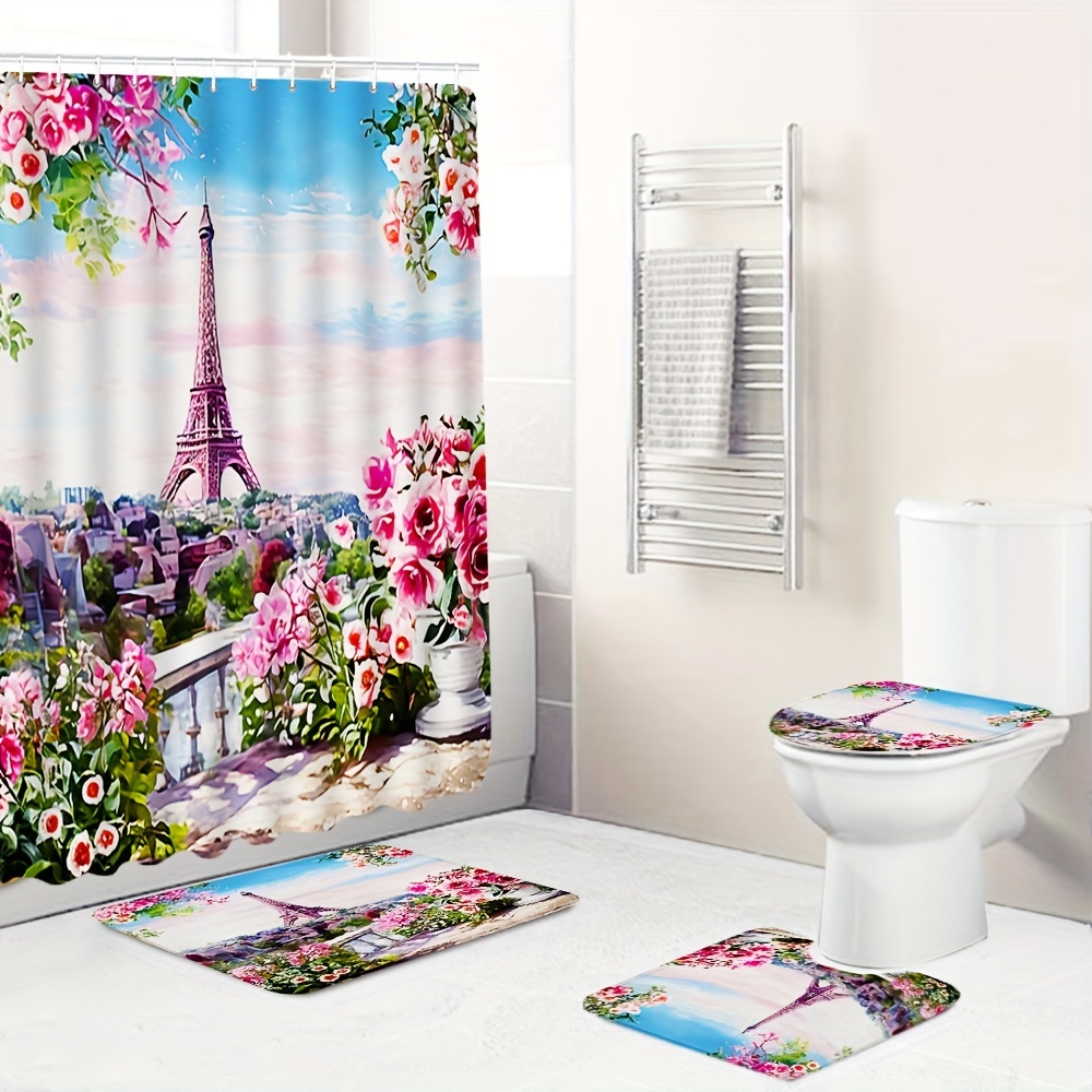 Shower Curtain Set Iron Tower Floral Pattern Waterproof Temu Australia