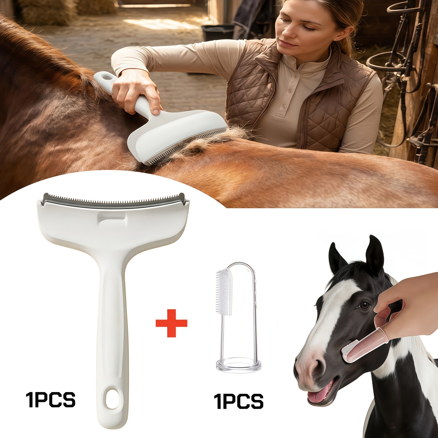 TEMU Deshedding Brush   Toothbrush Finger Glove, Suitable For Horses And Ponies, Heavy-duty Winter Fur Cleaning Tool With Ergonomic Handle,