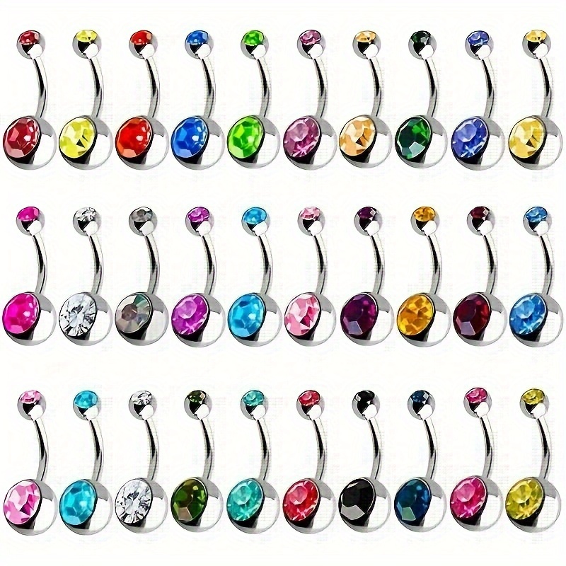 

30pcs Assorted Color Rings, Fashion Punk Colorful Studs Set, Colorful Combination, Stainless Steel With Rhinestone Inlay, Women's Body Piercing Jewelry, Summer Wear, Carnival Festive Accessory